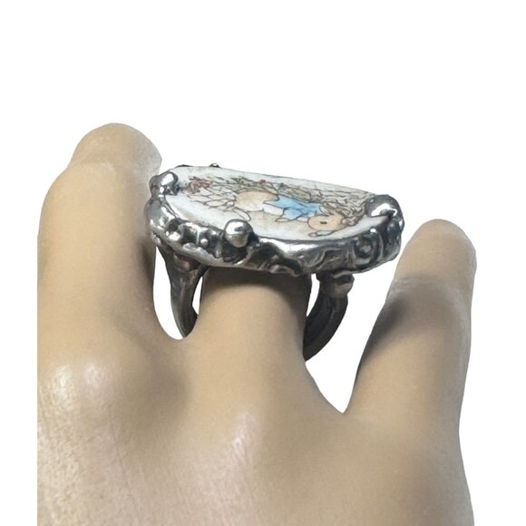 SOLD! Peter Rabbit Broken China & Spoon Artisan Ring Upcycled & Boho Silver Meta - Picture 8 of 17